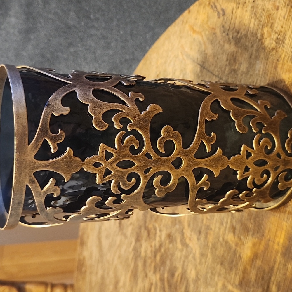 Large Hurricane Filagree Antique Bronze With Smokey Black Insert Candle Holder - Picture 2 of 7